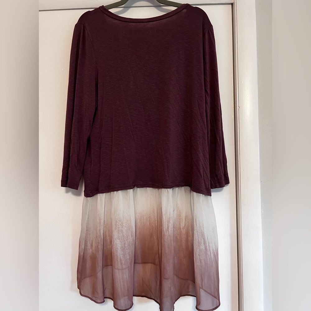 LOGO by Lori Goldstein Slub Knit & Top with Ombre Chiffon Hem Maple Large - Picture 2 of 4